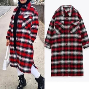 Zara Plaid Overshirt Longline Shacket Jacket Coat NWT Red White Size Medium